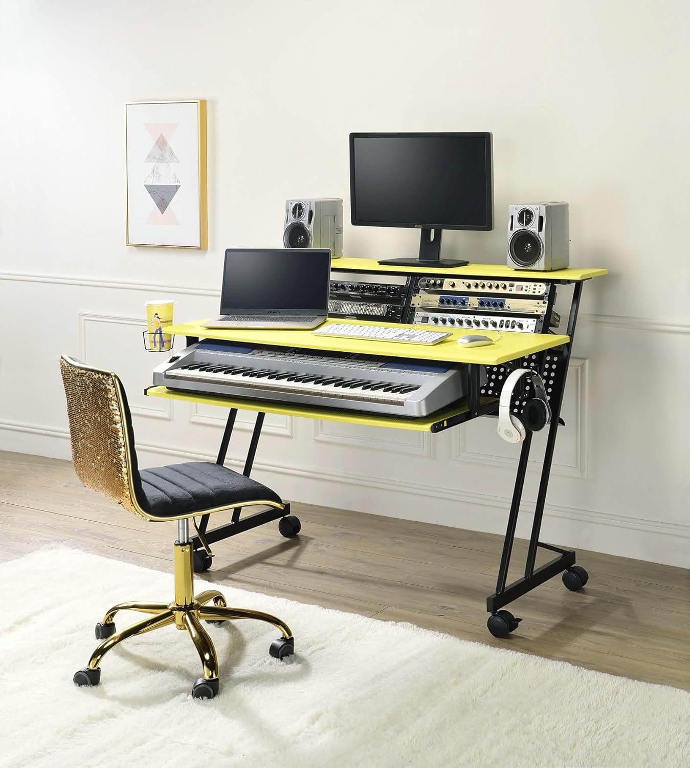 Music Studio Table, Computer Desk,Music Recording Studio Desk Yellow & Black