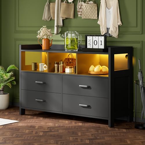 Alohappy Black Dressers for Bedroom, 6 Drawer Dressers with Lights, Wooden Dresser with Power Strip for Adults, Bedroom, Living Room, Entryway, Hallway