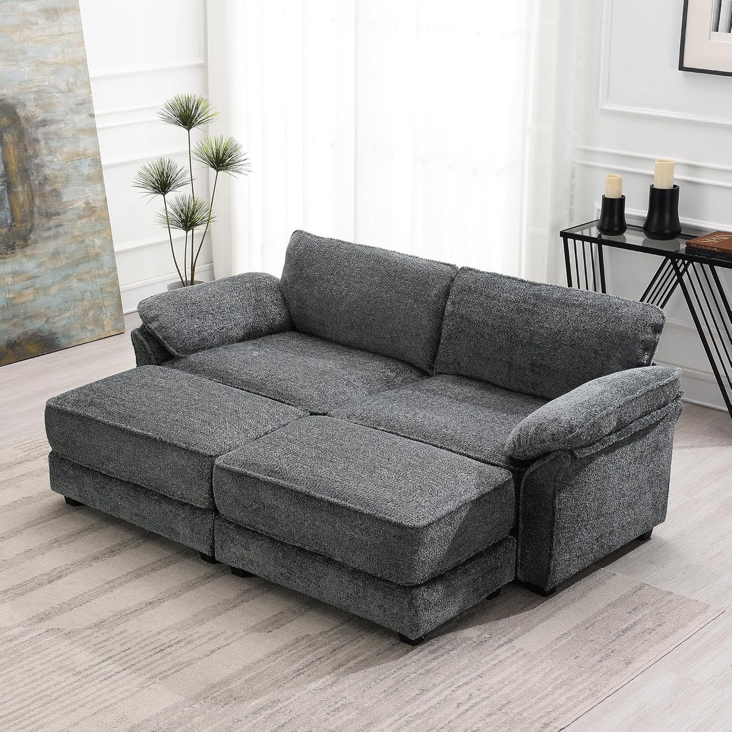 Chenille Sectional Sofa with Two Ottoman, Modern Upholstered Loveseat Couch with Detachable Seat & Comfort Armrest, Sleeper Corner Sofá for Living Room, Office, Apartment, Gray