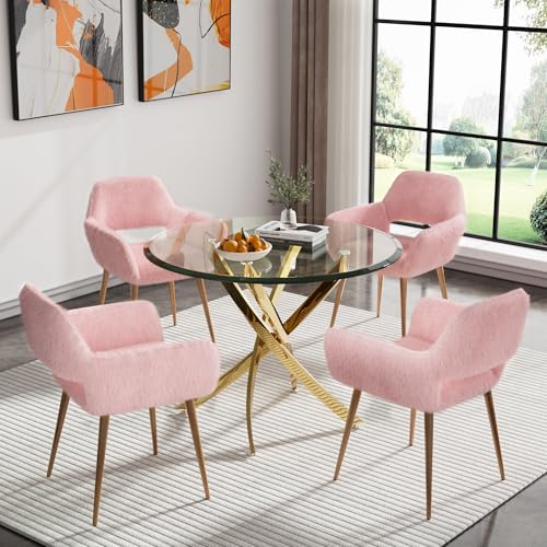 Round Glass Dining Table Set for 4, 5-Piece Dining Table Set, 36 Inch Round Gold Dining Table and Camel Velvet Upholstered Chairs, Dining Room Table Set for 4 for Small Spaces