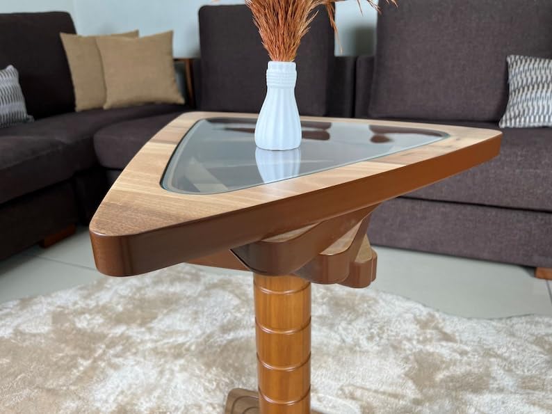 Natural Walnut Coffee Table for Living Room, Large Modern Wood Coffee Table, Triangular Decorative Custom Table with Glass Top (Walnut,Side Table (15.8