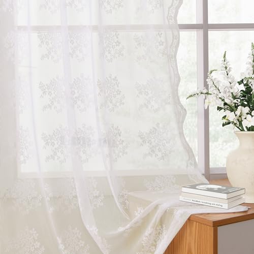 Hokibero 63 Inch Length Lace Curtains for Living Room Floral Embroidered Curtains with Scalloped Edges 2 Panels Set, Linen, 52 x 63