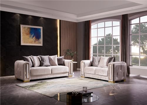Luxurious Living Room Set with Gold-Finish Birch Wood Frames and Sumptuous Velvet, Crafted for Comfort and Elegance with Detailed Arm and Back Accents, Perfect for Elegant Home (Silver,Loveseat+Couch)