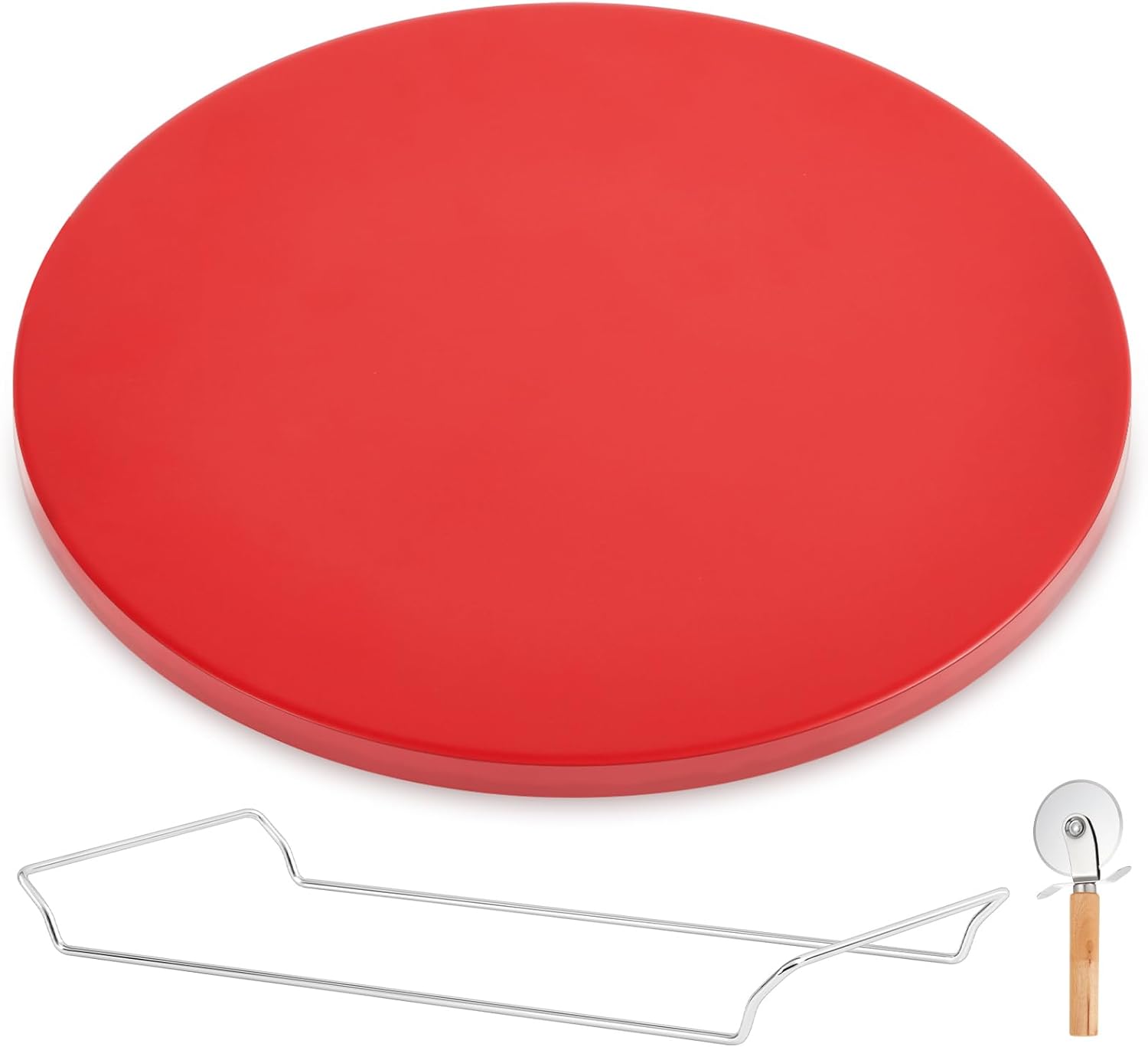 3 Pcs 15 Inch Pizza Stone Set with Cutter Wheel and Metal Serving Rack, Compact Portable Cordierite Baking Stone Easy Storage Grilling Stone for Oven Grill BBQ, Red