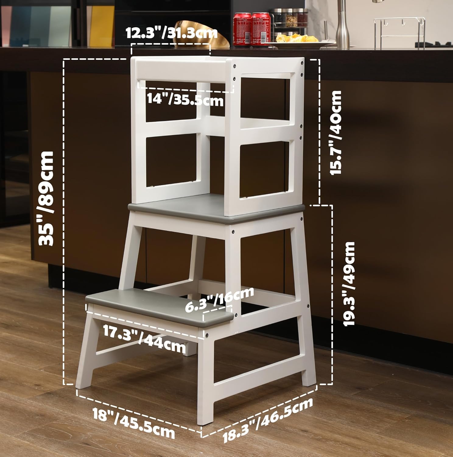 Standing Tower for toddler, Kids Kitchen Step Stool Toddler Standing Tower Helper for Kitchen Counter and Bathroom Sink, Wooden Kids Montessori Learning Standing Stool with Safety Rail White