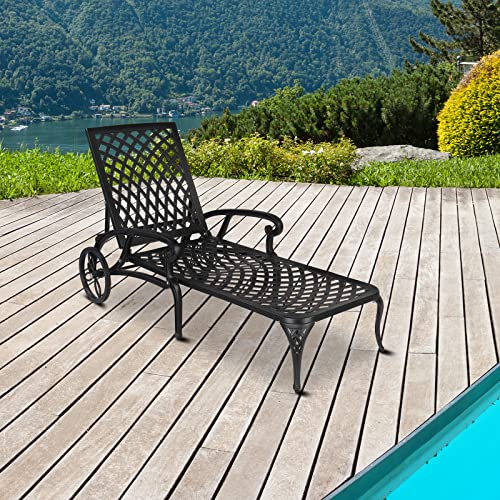 Metal Lounge Chairs for Outside, Chaise Lounge Outdoor Cast Aluminum with Adjustable Backrest and Moveable Wheels for Poolside Backyard Patio (Black)
