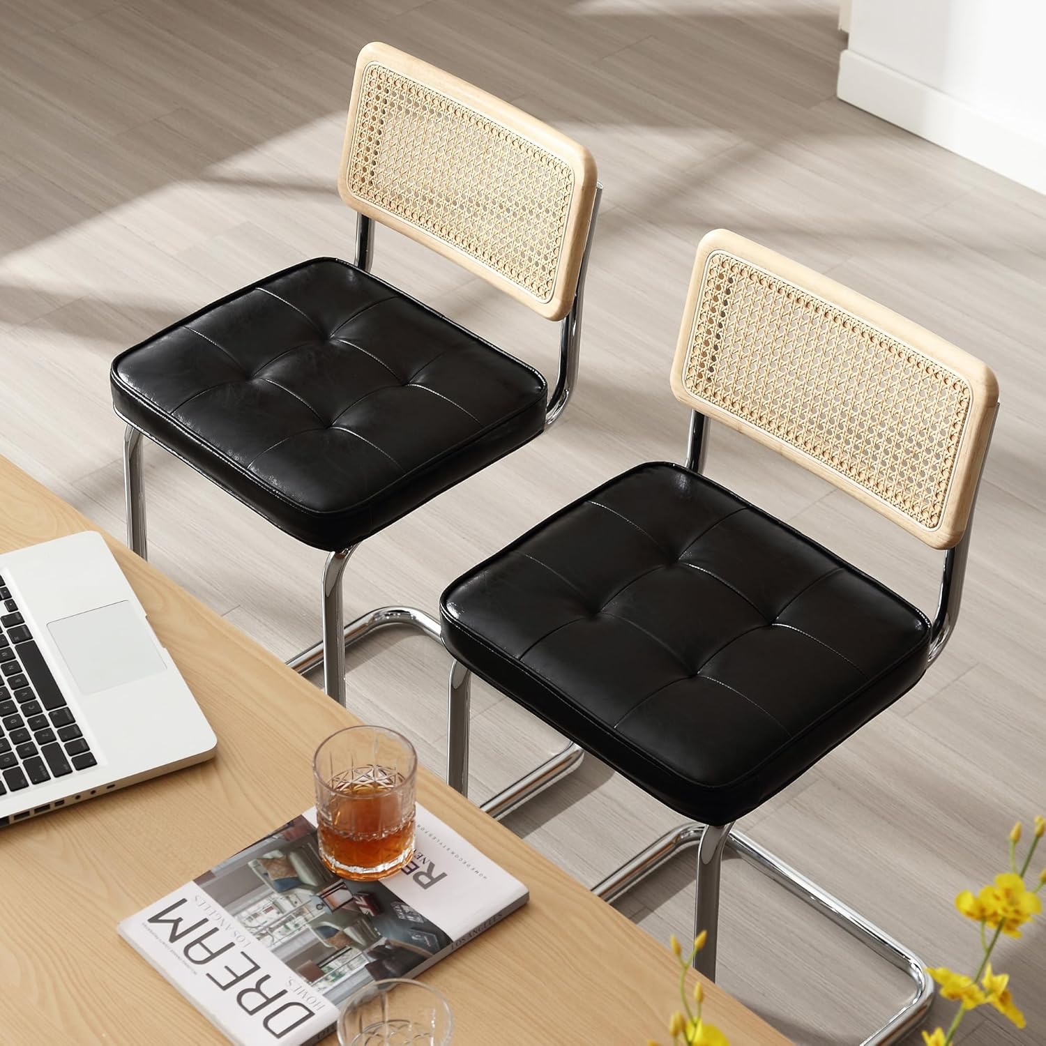 Zesthouse Modern Counter Height Stools, 24'' Natural Rattan Counter Stools Set of 2, Faux Leather Kitchen Stools with Backs, Mid Century Cantilevered Design Counter Chairs Island Stools, Black