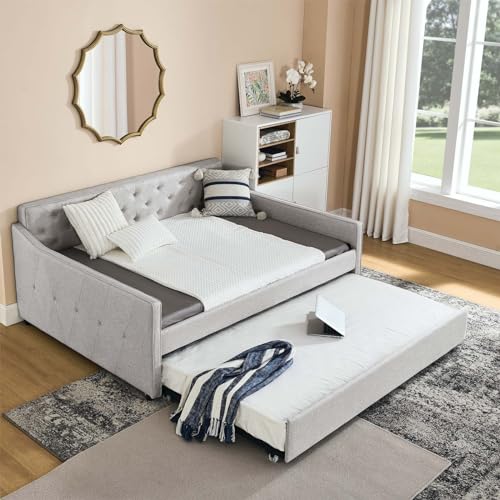 Upholstered Daybed with Trundle, Modern Pull Point Tufted Velet Fabric Twin Size Daybed Frame Sofa Bed, No Box Spring Needed, Easy Assembly, Green