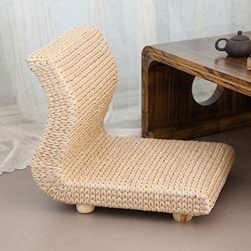 Handmade Rattan Floor Legless Zaisu Chair Straw Tatami Seats Backrest Chair for Balcony Bay Window Office Living Room Bedroom (Made from Banana Leaf), Natural, TA41B