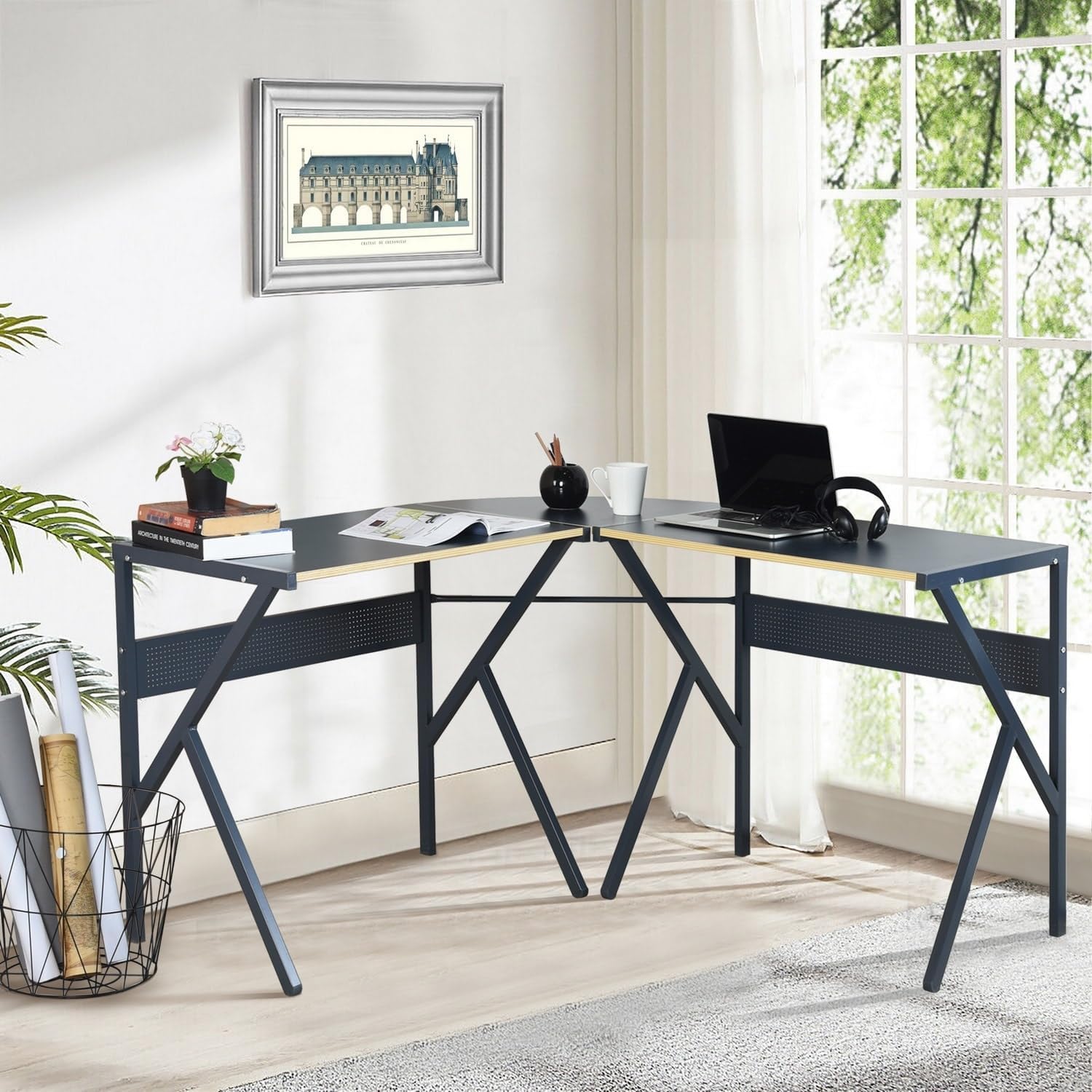 L-Shaped Desk Corner Computer Space-Saving Study with Round Grey Modern Contemporary Wood Finish