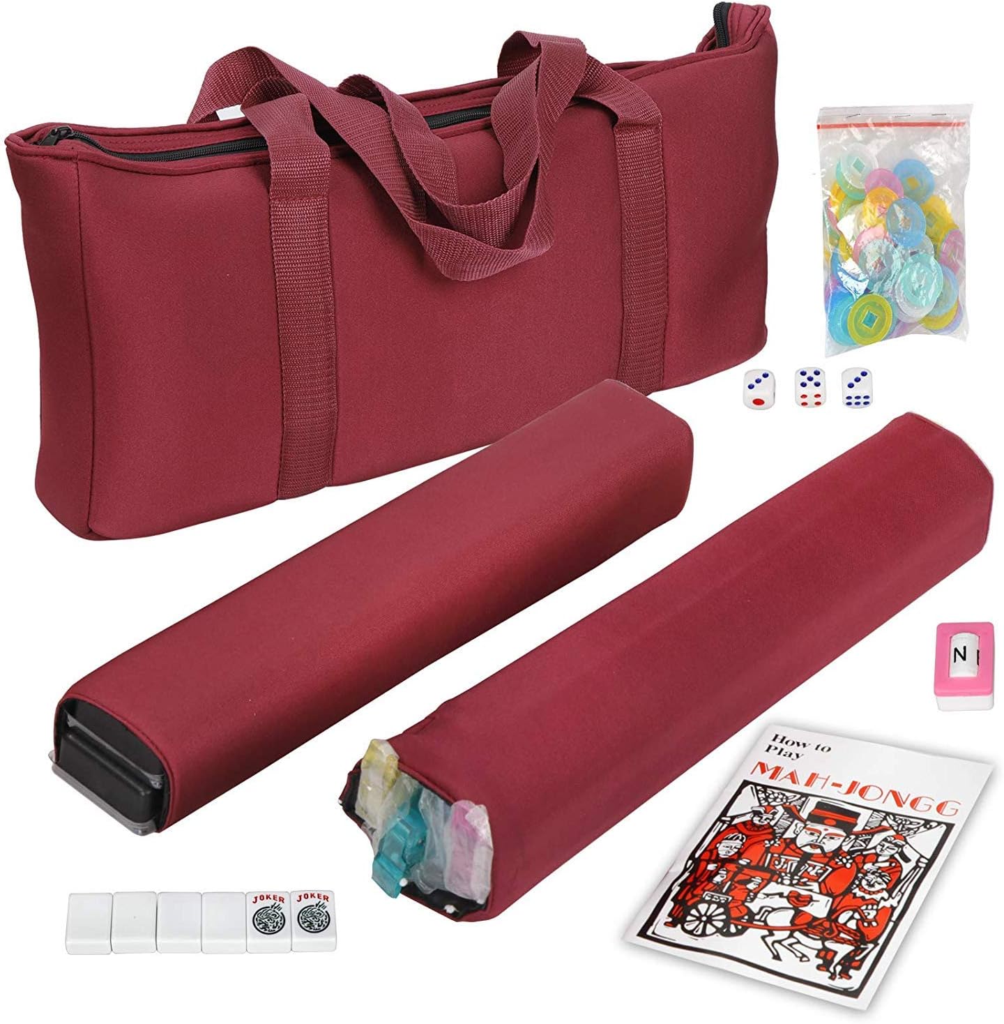 American Mah Jongg Mahjong Set 166 Tiles, 4 Colors All-in-One Rack/Pushers, Red Soft Bag and Accessories –Classic Full Size Complete Mahjongg Mah Jong Set