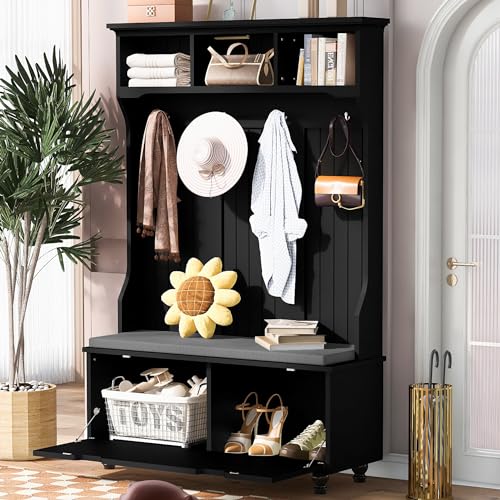 Modern 47.2'' Wide Hall Tree with Cushion and 4 Sturdy Hooks, 4-in-1 Entryway Bench with Coat Rack, Storage Bench, 3-Open Cubbies, Two Lower Cabinets (Black,65)