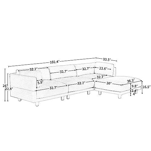 P PURLOVE Sectional Sofa, L-Shape Upholstered Couch with Ottoman, Upholstery Convertible Sectional Sofa with Reversible Chaise, 3 Seat Sofa Couch for Living Room (Gray)