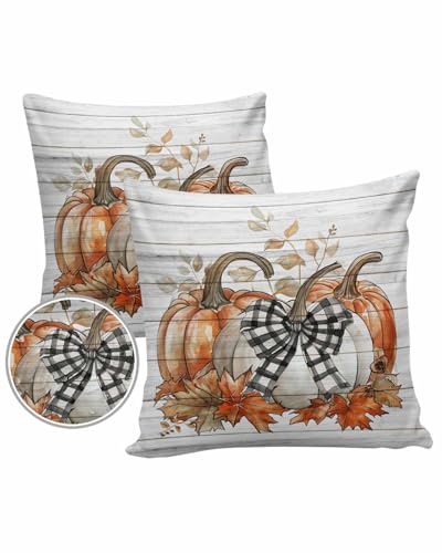 Outdoor Pillow Covers Waterproof, Fall Bow Pumpkins Throw Pillowcase Decorative Cover, Autumn Vintage Maple Leaf Wooden Garden Cushion Case Set of 2 for Sofa, Couch, Tent, Patio, 18