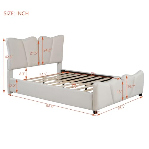 Twin Size Platform Bed, Upholstered Bed Frame with Unique Design Headboard or Bedroom, Velvet Fabric, Wood Slat Support, No Box Spring Needed, Easy Assembly (Beige)