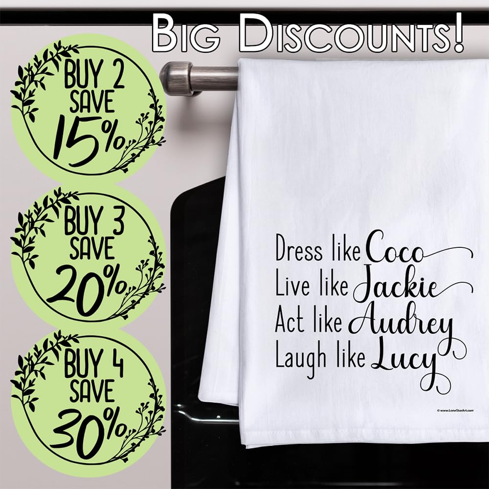 Dress Like Coco, Live like Jackie, Act Like Audrey, Laugh like Lucy- Tea Towels - Funny Kitchen Towels Decorative Dish Towels Housewarming Kitchen Gifts - Multi-Use Cute Kitchen Towels-Gifts for Women