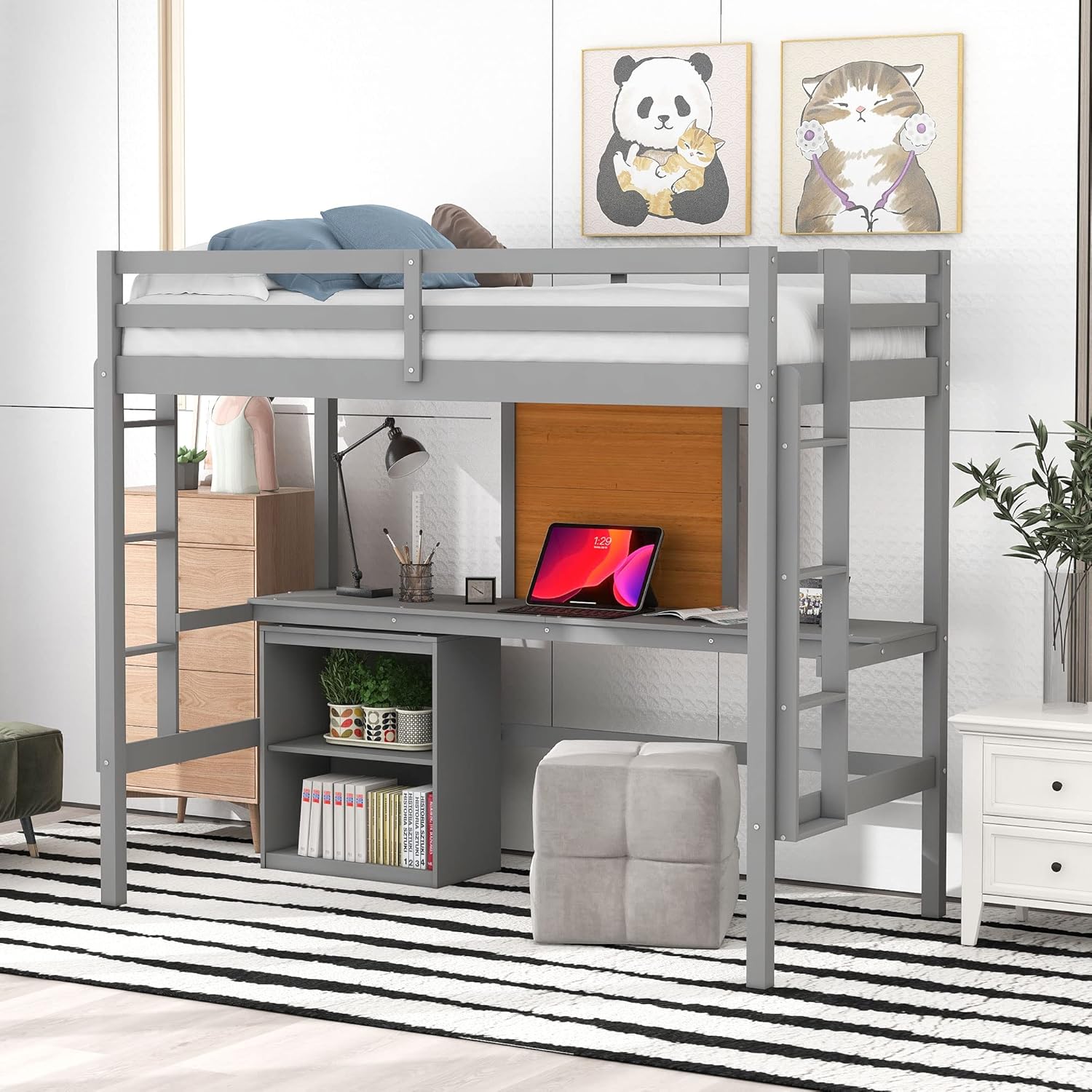 Twin Size Loft Bed with Desk and Writing Board,Solid Wood Twin Loft Bed Frame with 2 Drawers Cabinet and Safety Guardrail for Kids Teens Adults,Bedroom,Gray