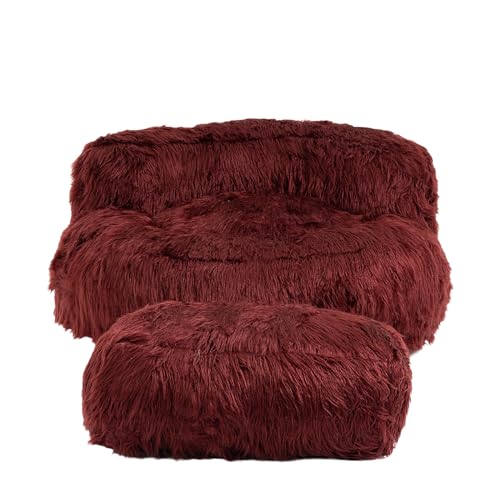 Oversize Bean Bag Chair Faux fur Fluffy Lazy Sofa with Footstool Durable Comfort Lounger High Back Plush Bean Bag Couch for Adults and Kids, Indoor (Pink)