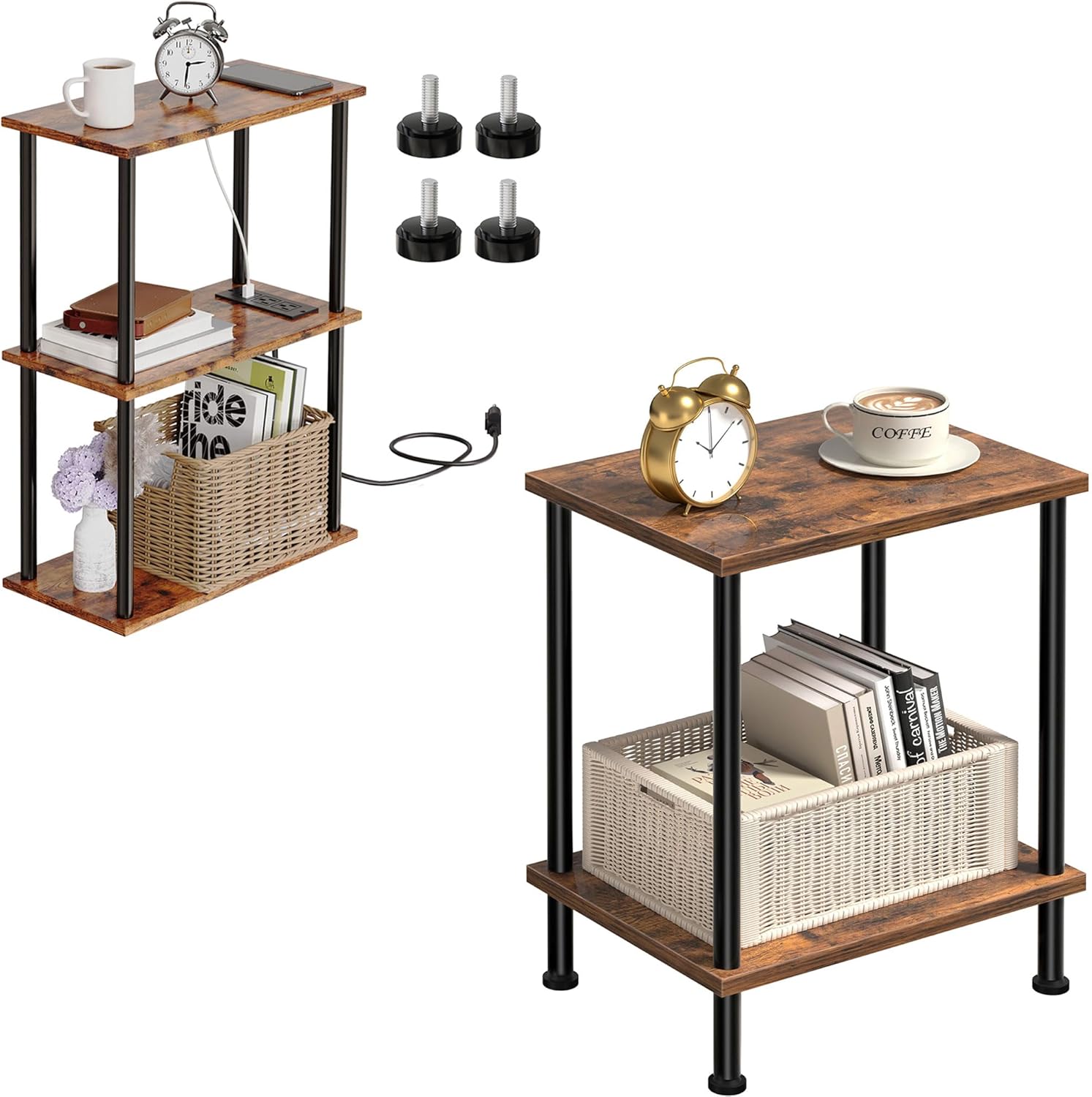 Small End Table, Side Table & 3-Tier Narrow Side Table with Charging Station,