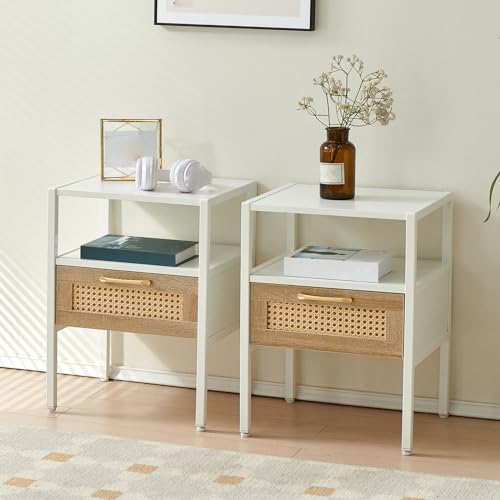 Modern Rattan Nightstand Set of 2,End Table with Drawer & Open Shelf, Freestanding Narrow Side Table for Small Space,Bedside Tables with Storage for Living Room Bedroom Office White