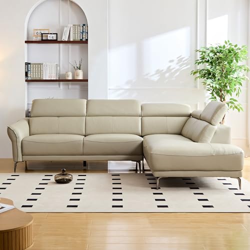 L Shaped Leather Couch - Genuine Leather Sectional with 5 Positions Adjustable Headrests and Right-Facing Chaise, Minimalist Couch with Metal Legs, Oversized Sectional for Living Room (Brown)