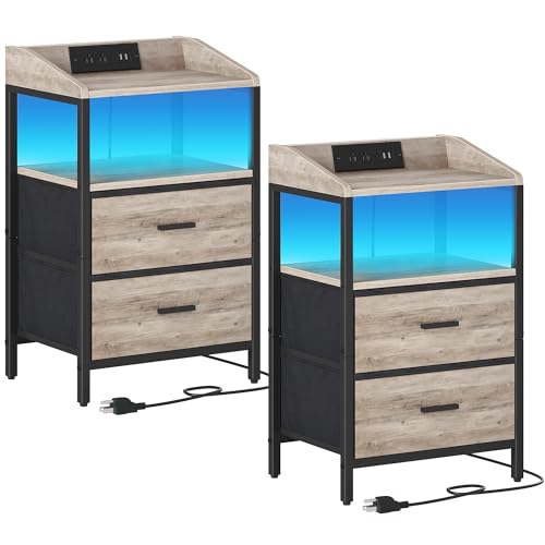 Nightstands with LED Lights and Charging Station, End Table with 2 Fabric Storage Drawers and Shelves, Modern Side Table with USB Ports & Power Outlets, Greige NS30805B