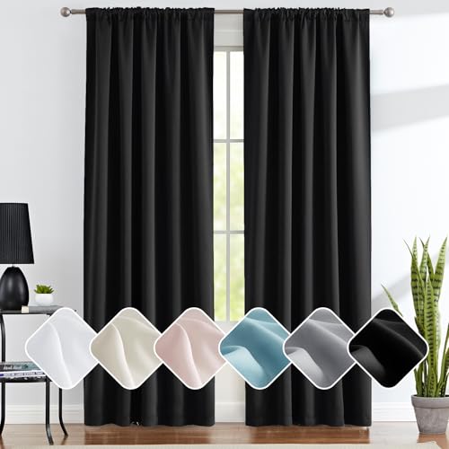 Grey Full Blackout Curtain for Bedroom 84inch Length Set with Back Tab and Rod Pocket Hook Belt, Triple Weave Thermal Insulated Total Light Blocking Window Drapes for Living Room 40
