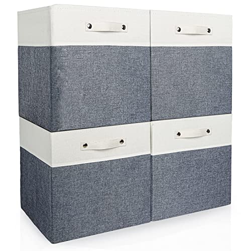 Foldable Storage Bins 13x13 Storage Cubes Fabric Linen Storage Baskets for Shelves Drawer with Handles for Organizing Closet, Utility Room, Storage Room, Nursery, Bedroom Set of 4 White & Grey