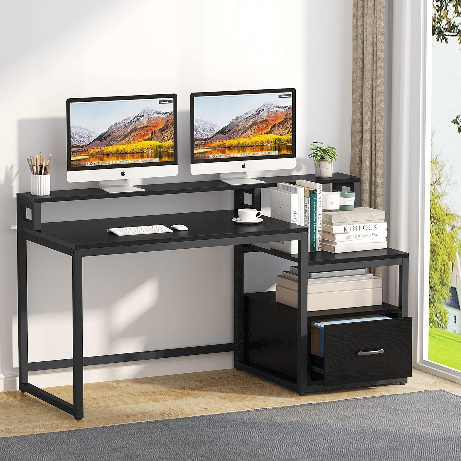 Overstock Computer Desk with File Drawer and Storage Shelves, Industrial Home Office Desk with Hutch Black