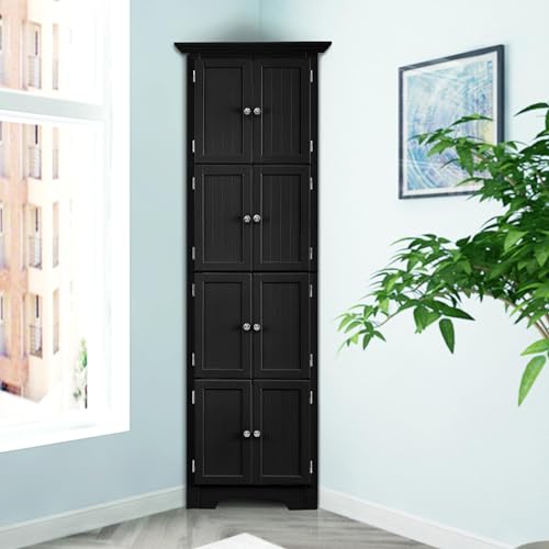 Corner Cabinet 72“ Tall Storage Cabinet, Free Standing Corner Hutch Cabinet with 8 Doors and Shelf for Bathroom Kitchen Living Room Office, Black
