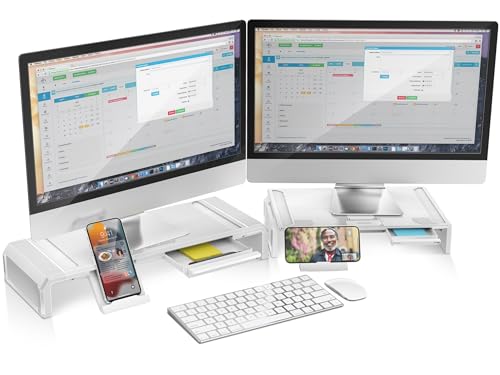 Dual Computer Monitor Stand Riser with Drawer phone stand, Adjustable Foldable PC Monitor Riser for Desk, Laptops, Tablets, Printers,TV Screen, Keyboard Storage, Gift Ideas - Black