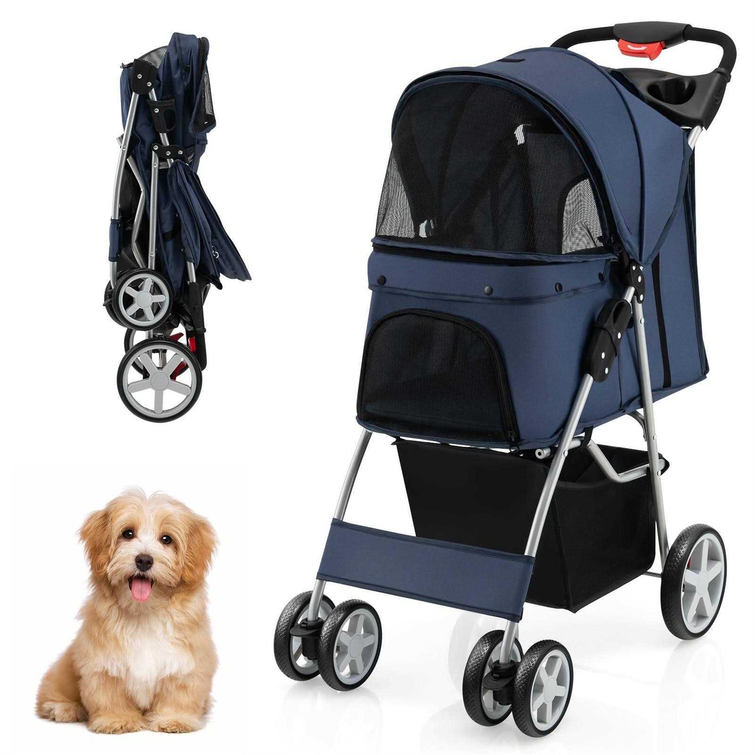 Costway Foldable 4-Wheel Pet Stroller with Storage Basket - Pet Supplies online store