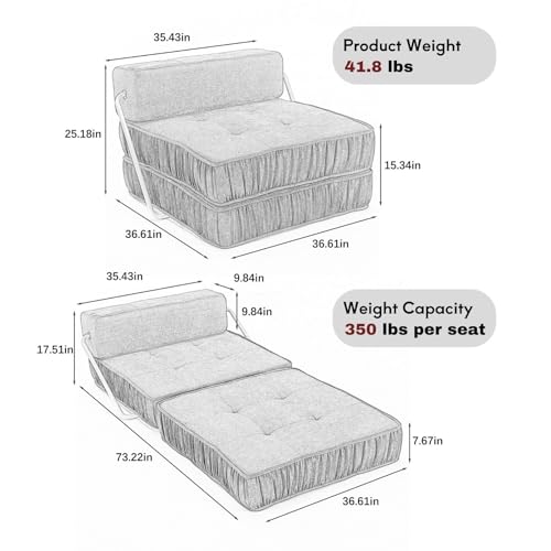 [2024 New] 37-Inch Modular Floor Sofa Bed Couch, Chenille Sectional Convertible Sofa Bed with Spring Mattress, Foldable Couch Bed, Accent Armless Floor Couch with Removable Back Cushion-White