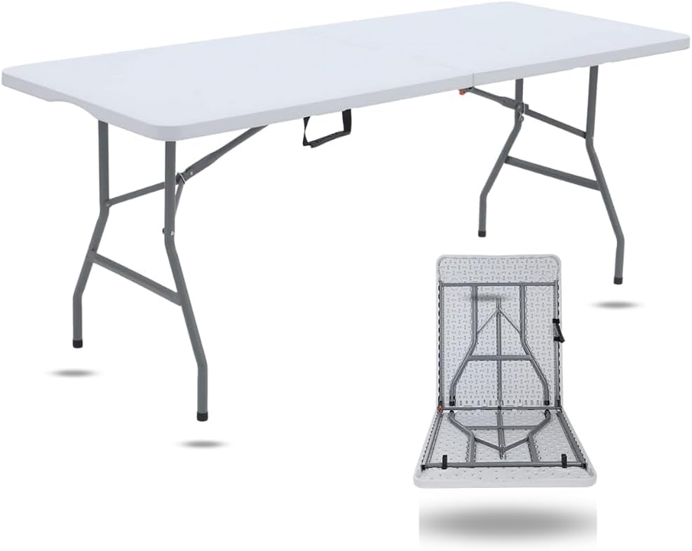 Fold Up Table – 6 ft Plastic Folding Table for Picnics, Parties, Camping – Outdoor Table with Carrying Handle – Bi-Fold Rectangular Design – Lightweight and Durable (1)