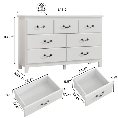 6 Drawer Dresser for Bedroom, Chest of Drawers with Retro Metal Handle, Wood Double Storage Organizer Cabinet for Living Room, Hallway, Antique White