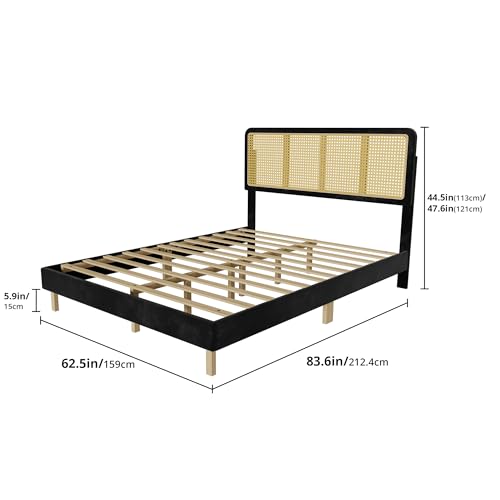 Cozy Castle Queen Bed Frame with Adjustable Rattan Headboard, Boho Platform Bed Frame with Sturdy Slats Support, No Box Spring Needed, Black