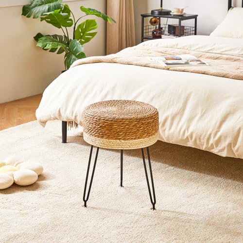 YMYNY Footstool Natural Seagrass Hand Weave, Vanity Makeup Stool, Pastoral Style, Padded Foot Rest with Metal Legs, Foot Rest Sofa Stool, for Living Room, 12.59