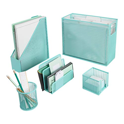 BLU MONACO 5 Piece Office Supplies Pink Desk Organizer Set - with Desktop Hanging File Organizer, Magazine Holder, Pen Cup, Sticky Note Holder, Letter sorter - Pink Desk Accessories for Women Office