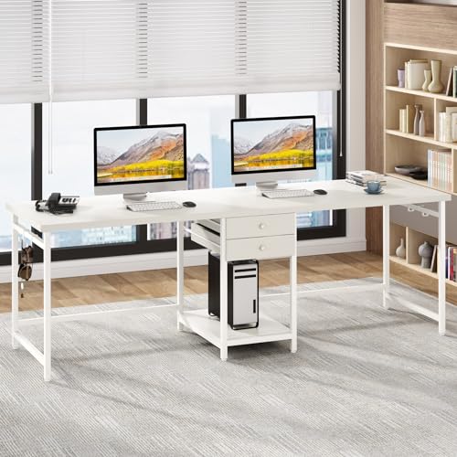 Tribesigns 78.74’’ Two Person Desk with 2 Drawers, Long Double Computer Desk Gaming Table with Shelves, Industrial Study Writing Table Workstation for Home Office, White