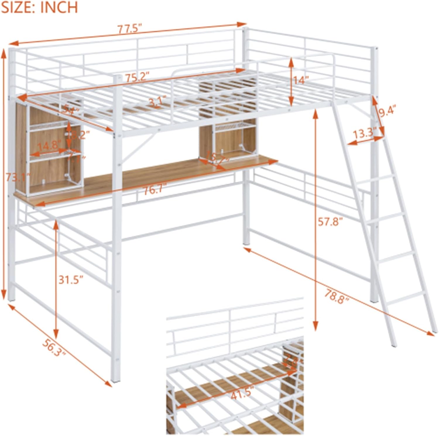 Simple Full Size loft Bed with Desk and Shelf, loft Bed with Ladder, Full Size, White