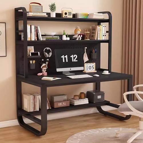 Computer Desk with Bookshelf and Hutch, Spacious Desktop Metal Legs Bookcase,Open Storage Space Writing Study Table for ​Home Office Desk(47.2x23.6x70in, Teak Black)