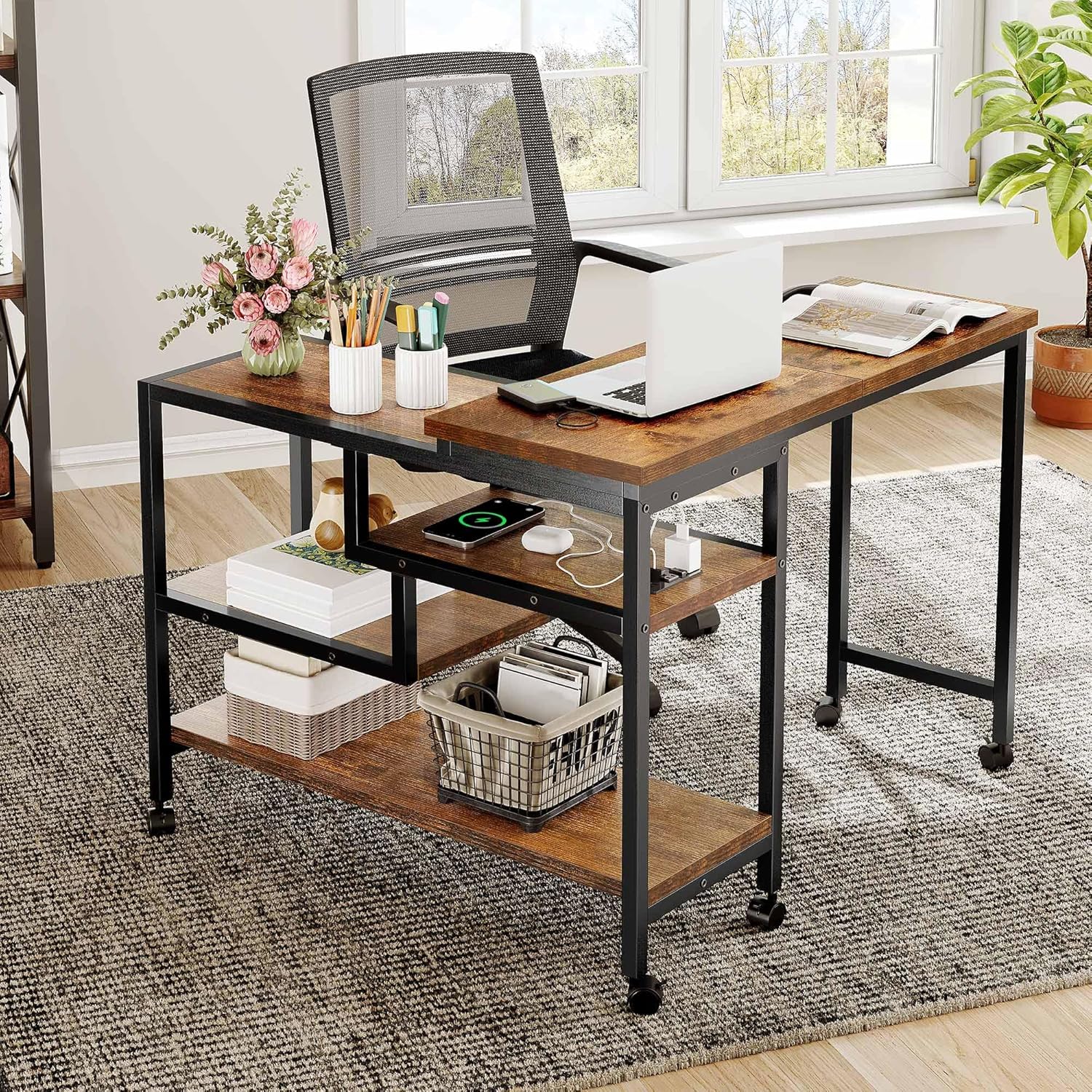 YITAHOME 360° Rotating Sofa Side Table with Tiltable Tabletop, Mobile Side Couch Table with 3-Tier Storage Shelves, Movable Laptop Table Swivel Rolling Desk with Sturdy Metal Frame