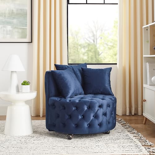 Velvet Swivel Accent Chair - with Button Tufted and Movable Wheels, 30''W Upholstered Button Tufted Velvet Barrel Chair with 3 Pillows, Modern Round Club Chair, Single Reading Sofa Chair (Blue)