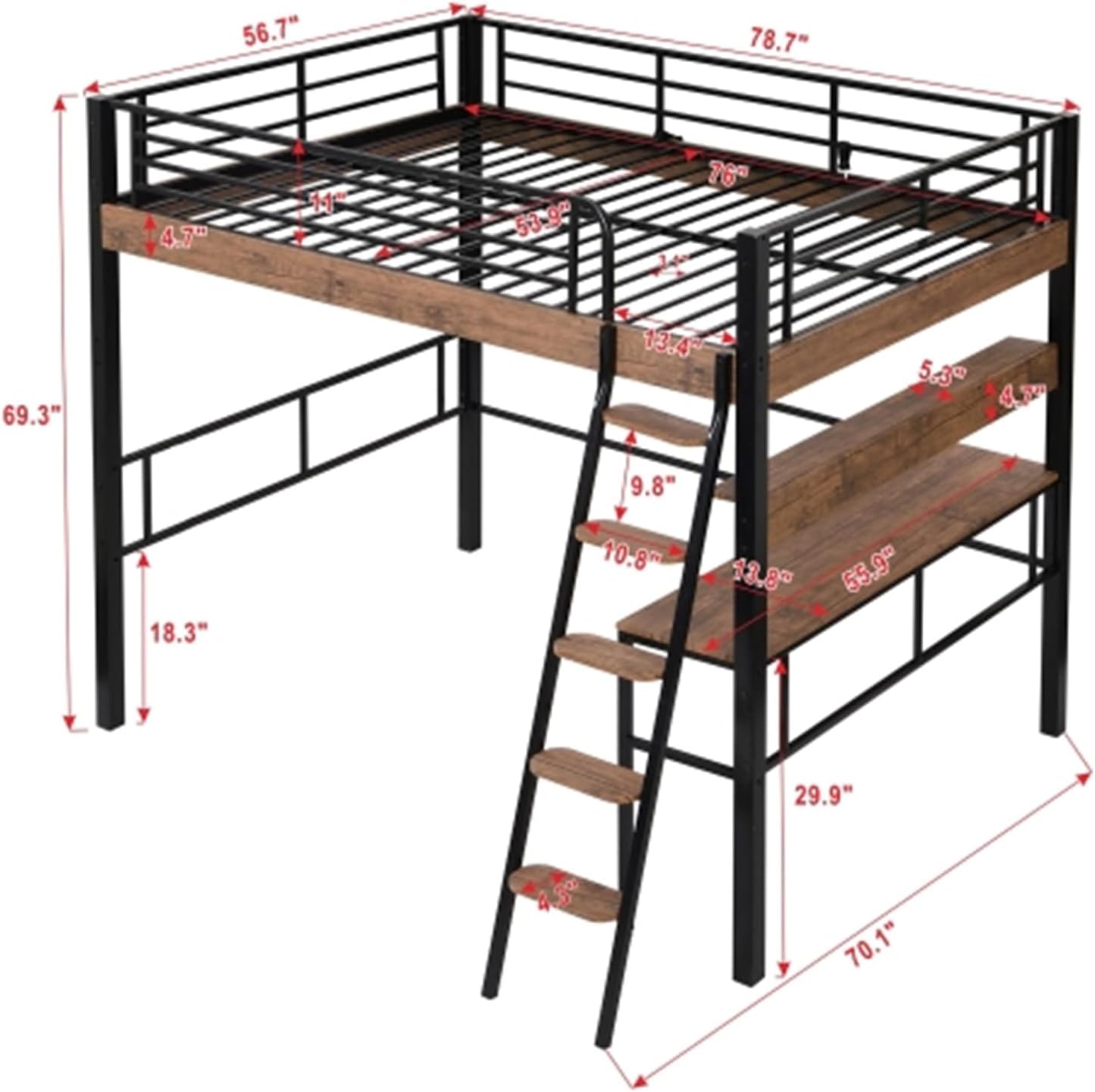 Metal Full Size Loft Bed with Built-in Desk, Storage Shelf and Ladder, Black