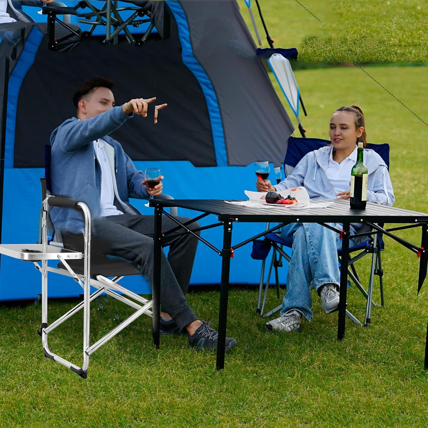 Oversized Lightweight Folding Camping Chair with Side Table Attached, Armrest, Side Pocket, Portable Padded Outdoor Seat Aluminum Foldable for Camp, Lawn, Fishing, Picnic, Sports, Beach