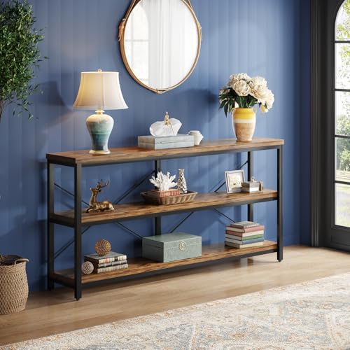 Tribesigns 55-Inch Industrial Sofa Table, 3-Tier Console Table with Metal Frame and Open Shelves, Modern Decorative Shelf, Open TV Shelf for Living Room, Entryway, Hallyway (Black)