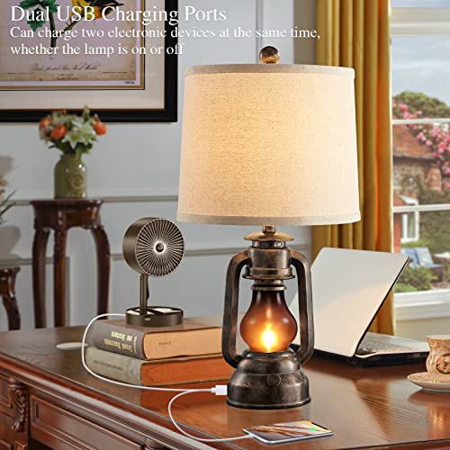 Farmhouse Rustic Table Lamps for Bedroom Set of 2, Vintage Lantern Lamp with Dual USB Charging Ports,25
