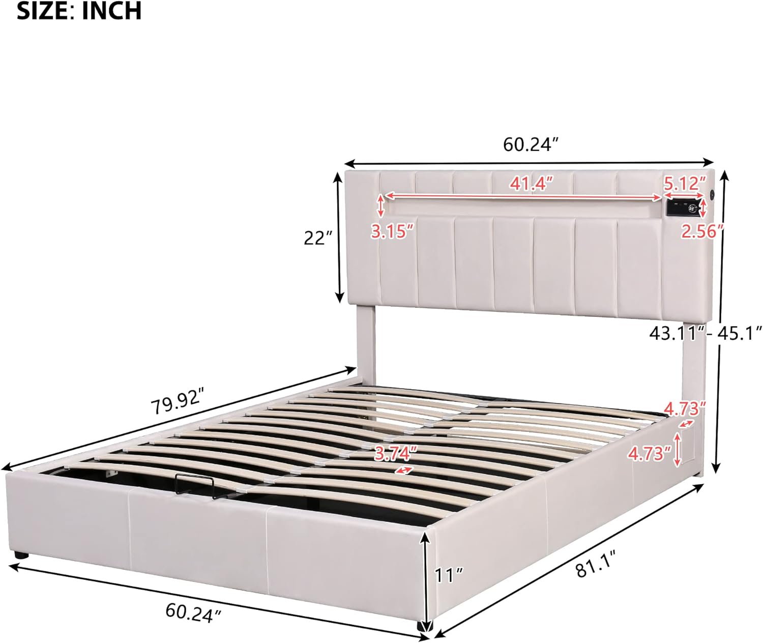 Queen Size Lift Up Storage Bed with LED light, Bluetooth Player and USB Charging, Hydraulic Storage System Design, Upholstered Versatile Bedframe,No Box Spring Needed, Beige