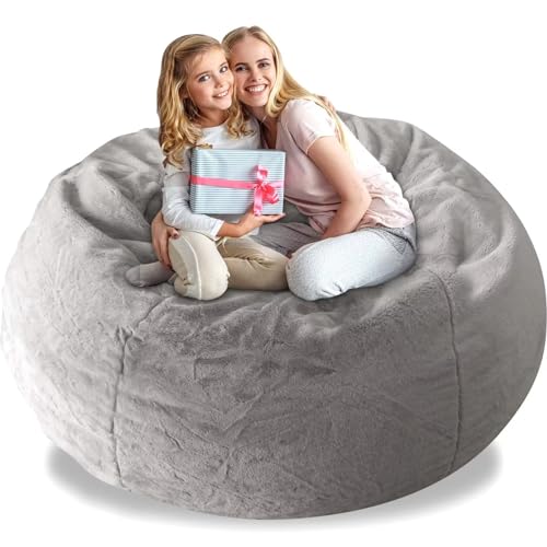 Giant Fur Bean Bag Chair Cover for Adults, (No Filler) Living Room Furniture Big Round Soft Fluffy Faux Fur Beanbag Lazy Sofa Bed Cover (Black, 5FT)