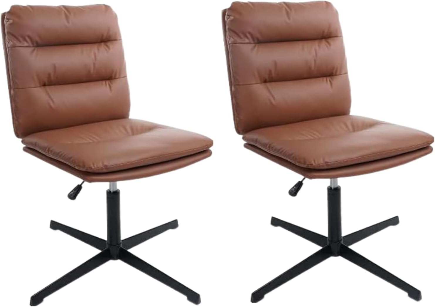 Armless Desk Chairs No Wheels,Cross Legged Ergonomic Office Chair Adjustable Swivel Faux Leather Thick Padded Computer Chair Wide Seat for Home Bedroom Office, Brown Set of 2